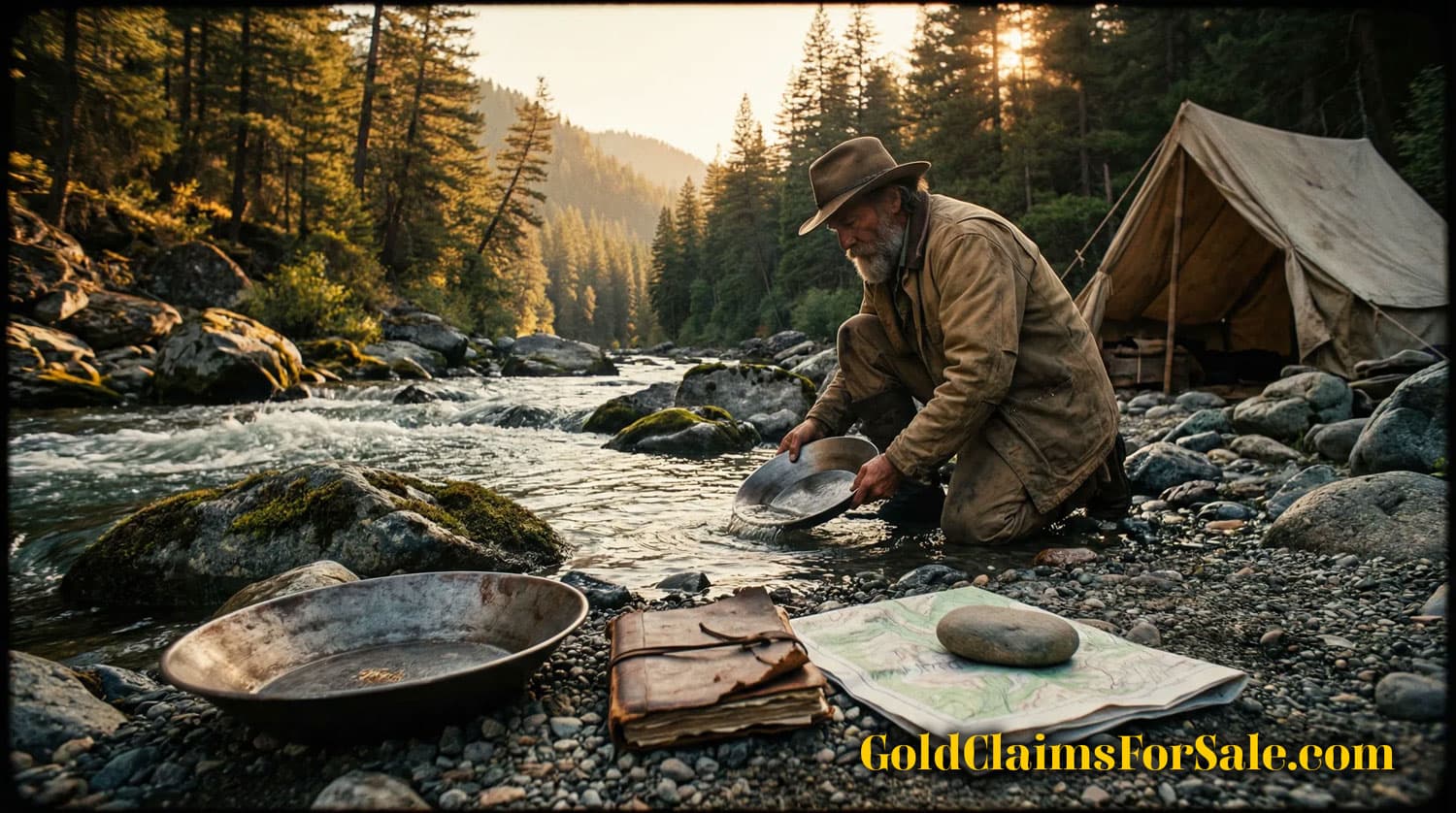 Gold prospector panning for gold in a mountain river with pans and a topo map